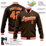 Custom Name and Number Brown Orange-White Varsity Letterman Bomber Jacket - Personalized Full-Snap Team Jacket Personalized