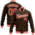 Custom Name and Number Brown Orange-White Varsity Letterman Bomber Jacket - Personalized Full-Snap Team Jacket Personalized
