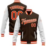Personalized Two Tone Bomber Jacket Brown Orange White Full-Snap Varsity Letterman Personalized Brown Orange-White Bomber