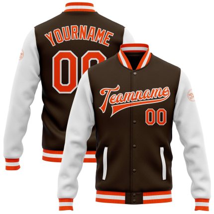 Personalized Two Tone Bomber Jacket Brown Orange White Full-Snap Varsity Letterman Personalized Brown Orange-White Bomber