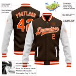 Custom Team Name Number Bomber Jacket - Personalized Two Tone Orange White Varsity Full-Snap Letterman Personalized Brown