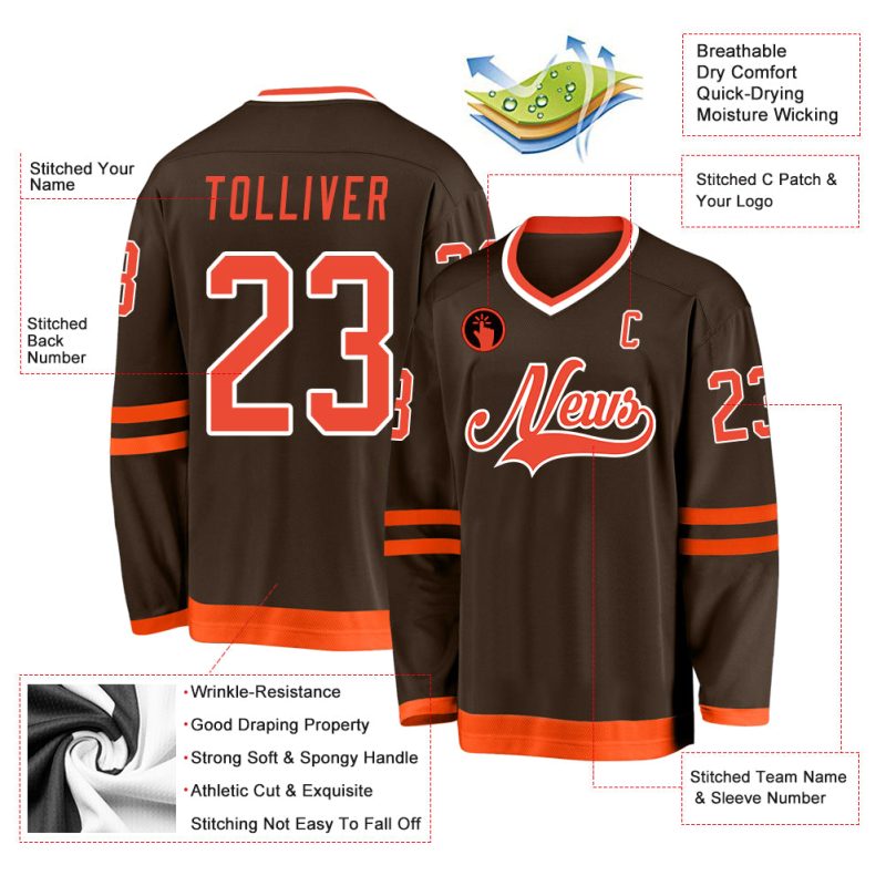 Personalized Brown Orange White Hockey Jersey for Men, Women, Kids - Customizable Sports Apparel Personalized Brown Orange-White