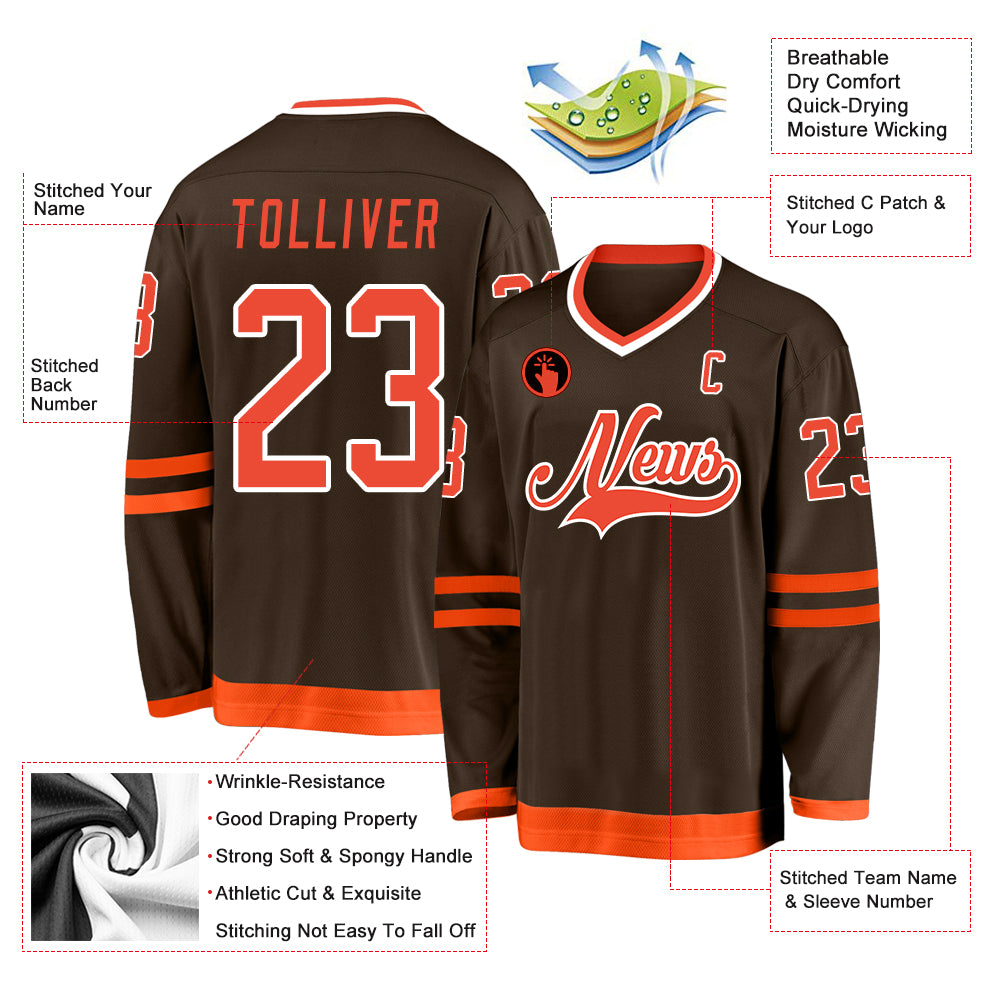 Personalized Brown Orange White Hockey Jersey for Men, Women, Kids - Customizable Sports Apparel Personalized Brown Orange-White - Image 2
