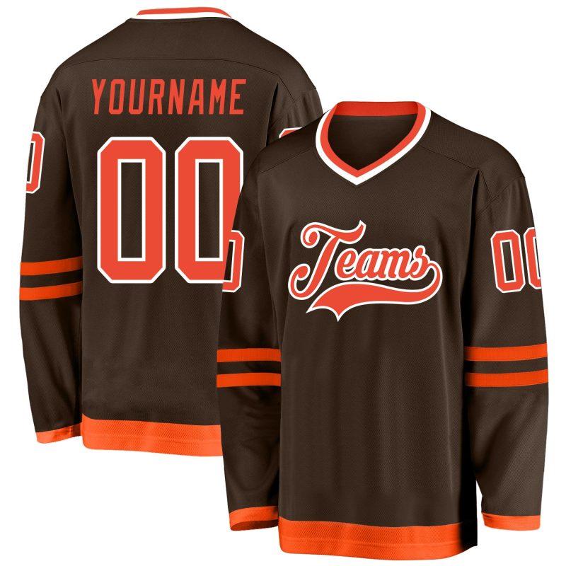 Personalized Brown Orange White Hockey Jersey for Men, Women, Kids - Customizable Sports Apparel Personalized Brown Orange-White