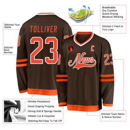Custom Team Hockey Jersey with Personalized Name and Number - Brown Orange and White Personalized Brown Orange-White Hockey