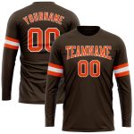 Personalized Team T-Shirt with Custom Name and Number, Brown Orange-White Long Sleeve Performance Shirt Personalized Brown
