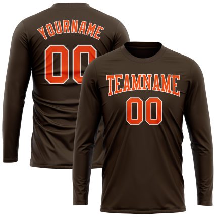 Personalized Team T-Shirt with Custom Name and Number, Brown Orange-White Long Sleeve Performance Shirt Personalized Brown