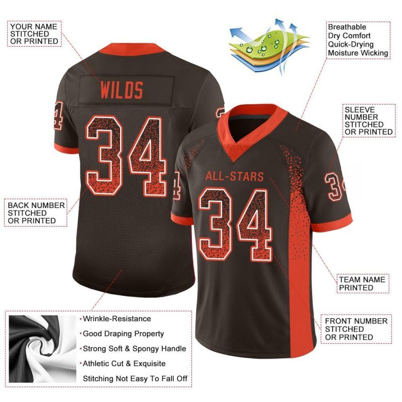 Custom Name Number Football Jersey - Personalized Brown Orange White Mesh Drift Fashion Team Apparel Personalized Brown Orange-White