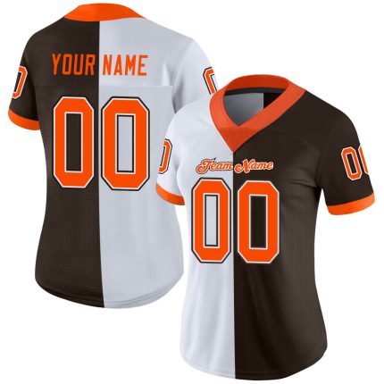 Personalized Fashion Football Jersey in Brown, Orange, and White Mesh Split Design Personalized Brown Orange-White Mesh Split