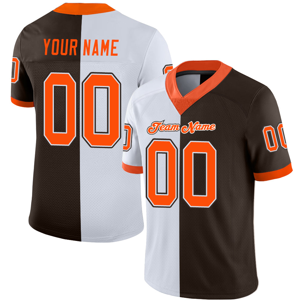 Custom Personalized Football Jersey - Split Brown Orange-White Mesh, Team Name & Number Personalized Brown Orange-White Mesh