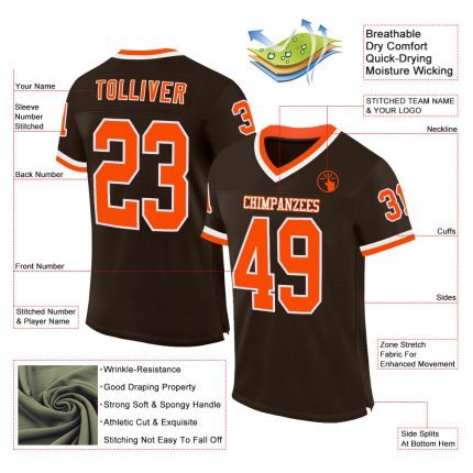 Personalized Throwback Football Jersey in Brown Orange and White Mesh Personalized Brown Orange-White Mesh Throwback Football