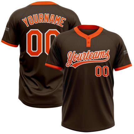 Personalized Unisex Softball Jersey in Brown Orange White - Two-Button Design Personalized Brown Orange-White Two-Button
