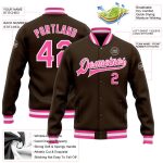 Personalized Brown Pink White Varsity Letterman Bomber Full-Snap Jacket Personalized Brown Pink-White Bomber Full-Snap Varsity