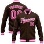 Personalized Brown Pink White Varsity Letterman Bomber Full-Snap Jacket Personalized Brown Pink-White Bomber Full-Snap Varsity