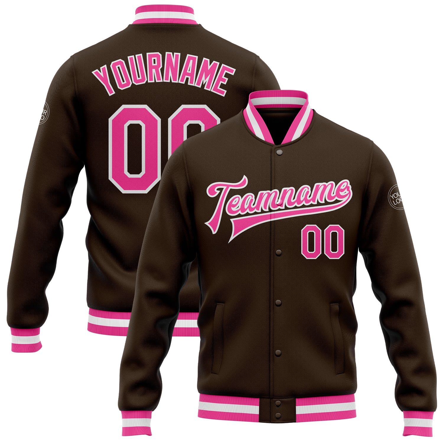 Custom Varsity Letterman Jacket with Team Name and Number - Personalized Brown Pink-White Bomber Full-Snap Design Personalized