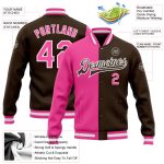 Personalized Varsity Letterman Jacket Brown Pink White Bomber Full-Snap Fashion Outerwear Personalized Brown Pink-White Bomber