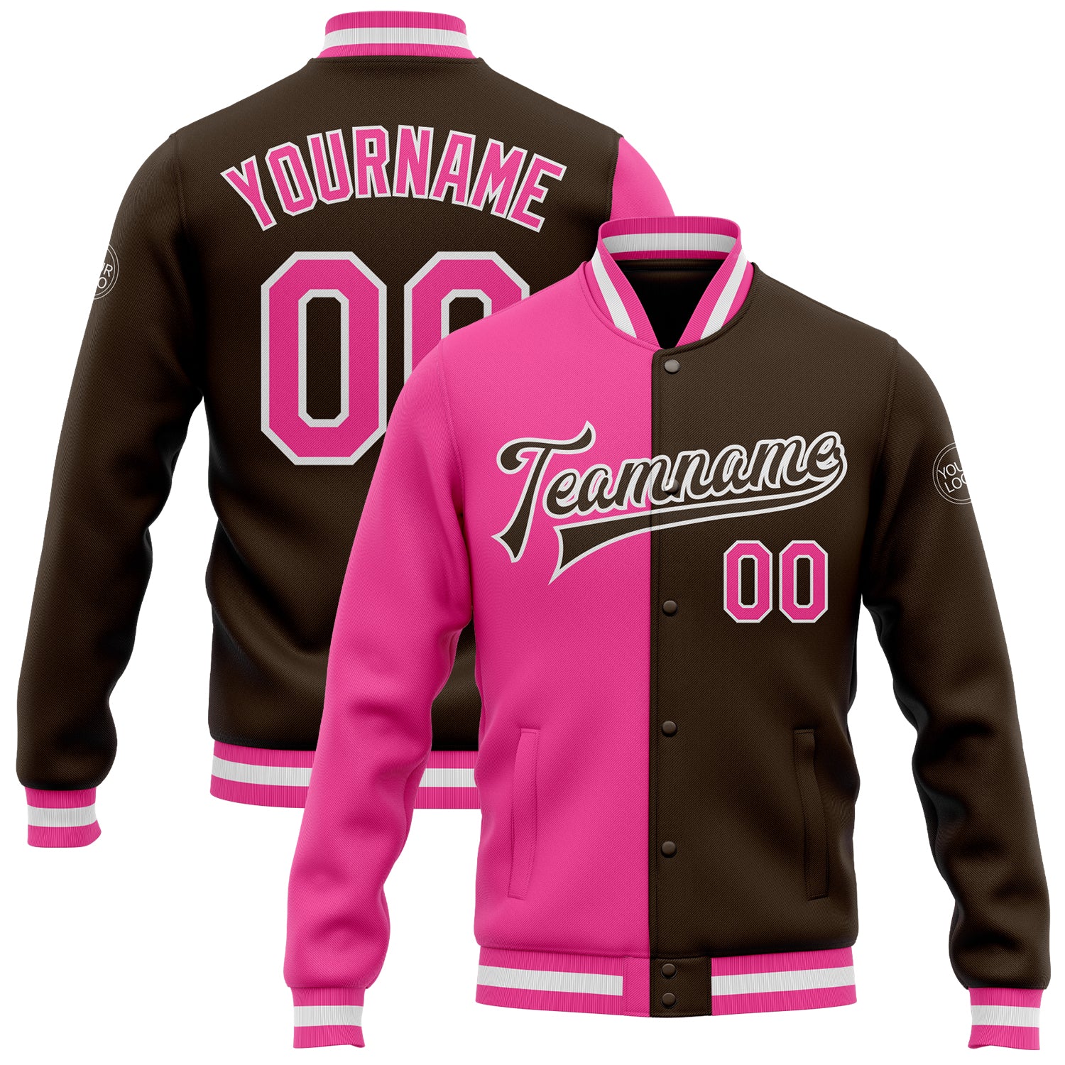 Custom Name Number Brown Pink White Varsity Letterman Bomber Jacket Split Fashion Full-Snap Personalized Brown Pink-White