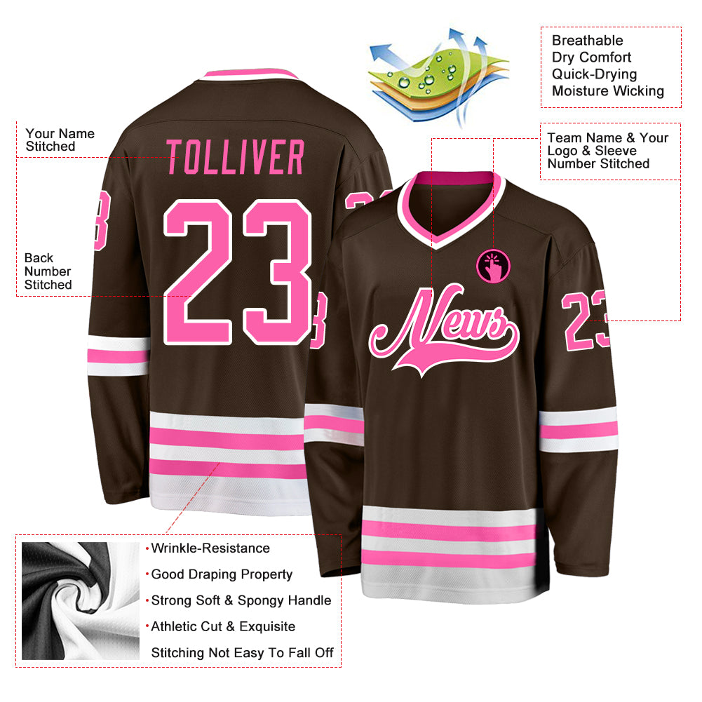 Personalized Brown Pink-White Hockey Jersey Team Custom Name and Number Custom Team Hockey Jersey - Personalized Brown Pink White with Name & Number Personalized Brown Pink-White Hockey Jersey - Image 2