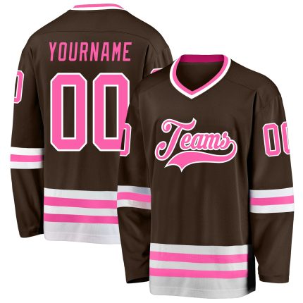 Custom Team Hockey Jersey - Personalized Brown Pink White with Name & Number Personalized Brown Pink-White Hockey Jersey