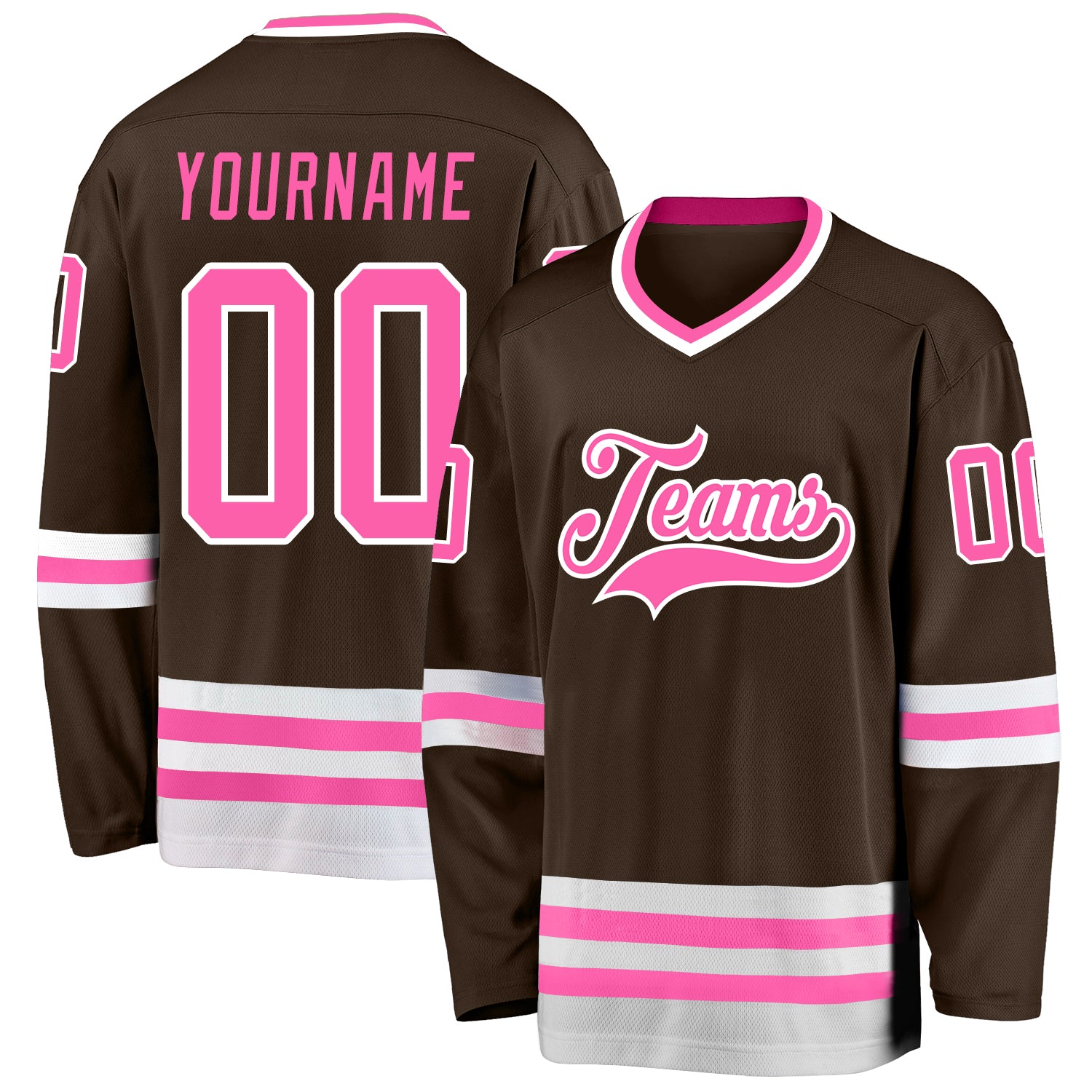 Custom Team Hockey Jersey - Personalized Brown Pink White with Name & Number Personalized Brown Pink-White Hockey Jersey