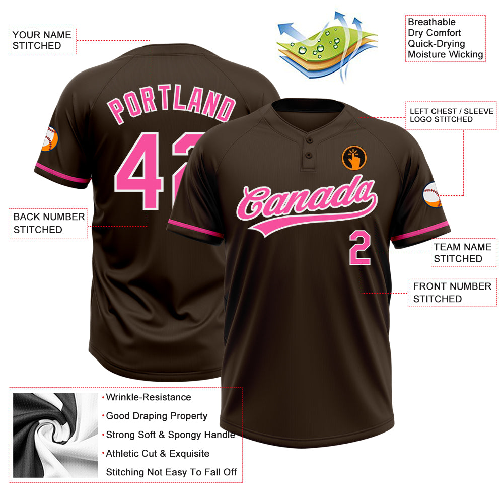 Personalized Two-Button Unisex Softball Jersey in Brown Pink-White for Men and Women Personalized Brown Pink-White Two-Button - Image 3