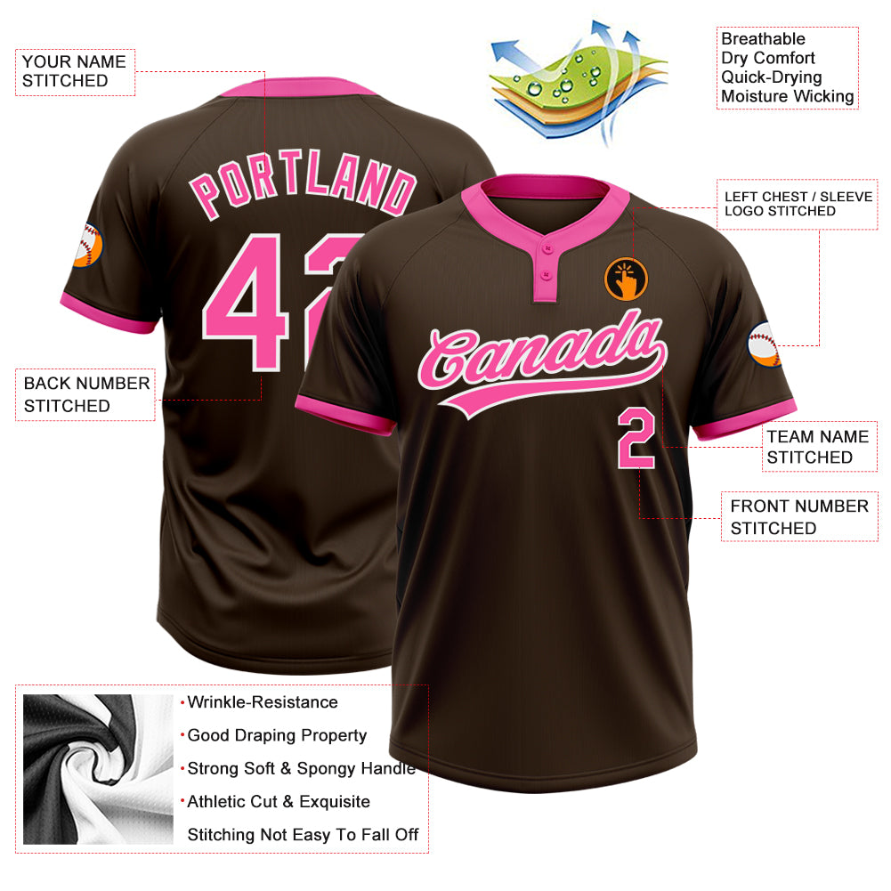Personalized Brown Pink-White Two-Button Unisex Softball Jersey Team Custom Name and Number Custom Name and Number Unisex Softball Jersey - Personalized Two-Button Design in Brown, Pink, and White Personalized Brown - Image 3