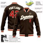 Personalized Varsity Letterman Jacket, Brown Red-Cream Full-Snap Bomber Style, Custom Design Personalized Brown Red-Cream