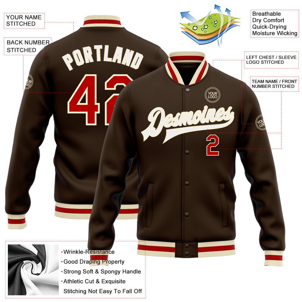 Personalized Varsity Letterman Jacket, Brown Red-Cream Full-Snap Bomber Style, Custom Design Personalized Brown Red-Cream - Image 5