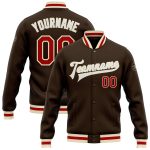 Personalized Varsity Letterman Jacket, Brown Red-Cream Full-Snap Bomber Style, Custom Design Personalized Brown Red-Cream