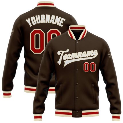 Personalized Varsity Letterman Jacket in Brown Red-Cream - Full-Snap Bomber Style Personalized Brown Red-Cream Bomber Full-Snap
