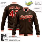 Personalized Varsity Letterman Jacket - Brown Red Cream Full-Snap Bomber Personalized Brown Red-Cream Bomber Full-Snap Varsity