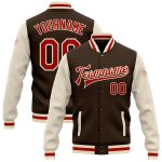 Personalized Varsity Letterman Bomber Jacket - Brown Red-Cream Two Tone Full-Snap Personalized Brown Red-Cream Bomber Full-Snap
