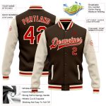 Personalized Varsity Letterman Bomber Jacket - Brown Red-Cream Two Tone Full-Snap Personalized Brown Red-Cream Bomber Full-Snap