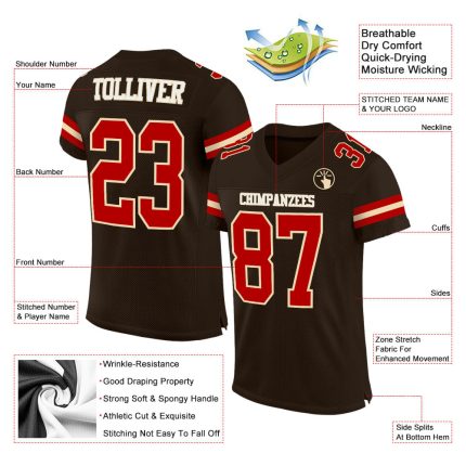 Personalized Brown Red Cream Football Jersey Mesh for Men Women Kids Personalized Brown Red-Cream Mesh Football Jersey
