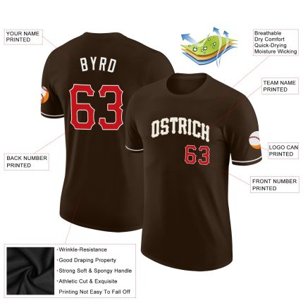 Custom Team T-Shirt with Name and Number - Personalized Brown Red-Cream Performance Tee Personalized Brown Red-Cream Performance