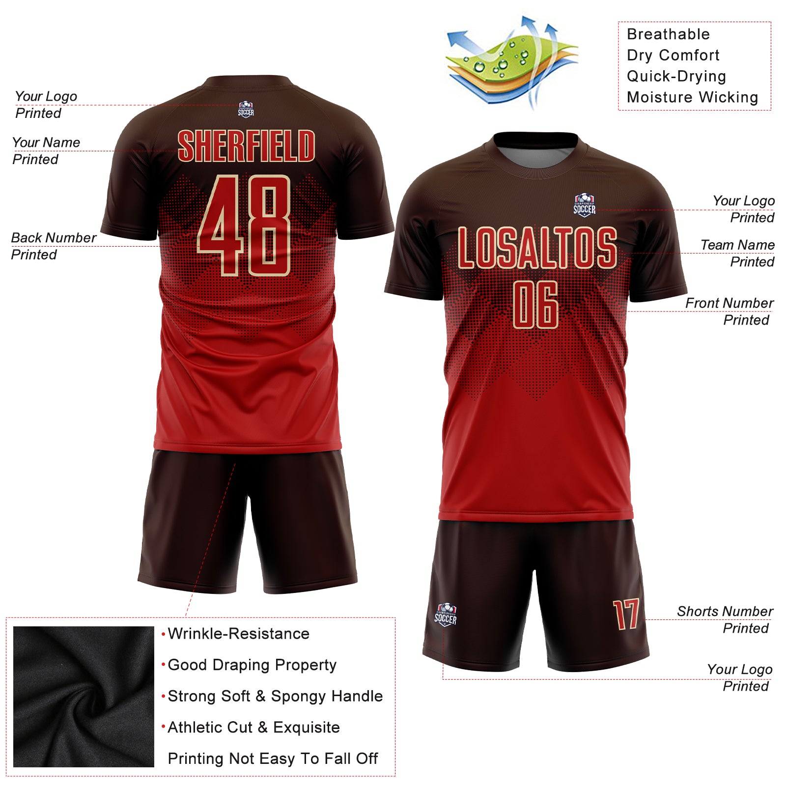 Personalized Brown Red-Cream Sublimation Soccer Uniform Jersey Team Custom Name and Number Custom Sublimation Soccer Uniform Jersey for Teams - Personalized Brown Red-Cream with Name and Number Personalized Brown - Image 3