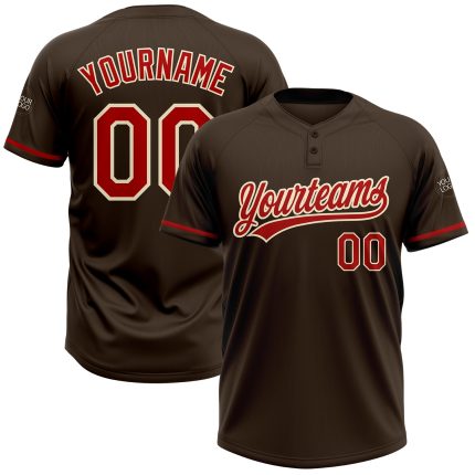 Custom Name and Number Unisex Softball Jersey - Personalized Brown Red-Cream Two-Button Design Personalized Brown Red-Cream