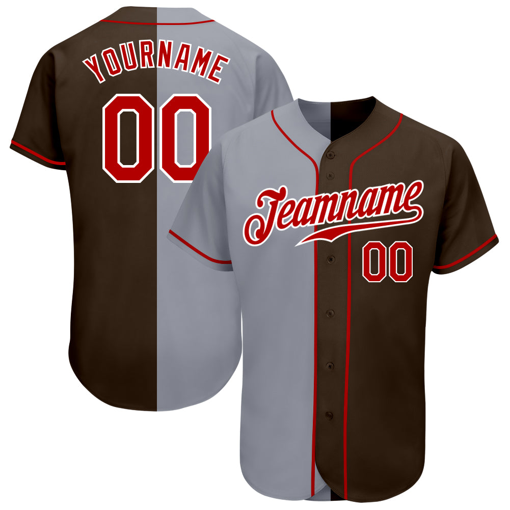 Custom Personalized Baseball Jersey - Authentic Split Design, Brown Red-Gray, Custom Name & Number Personalized Brown Red-Gray