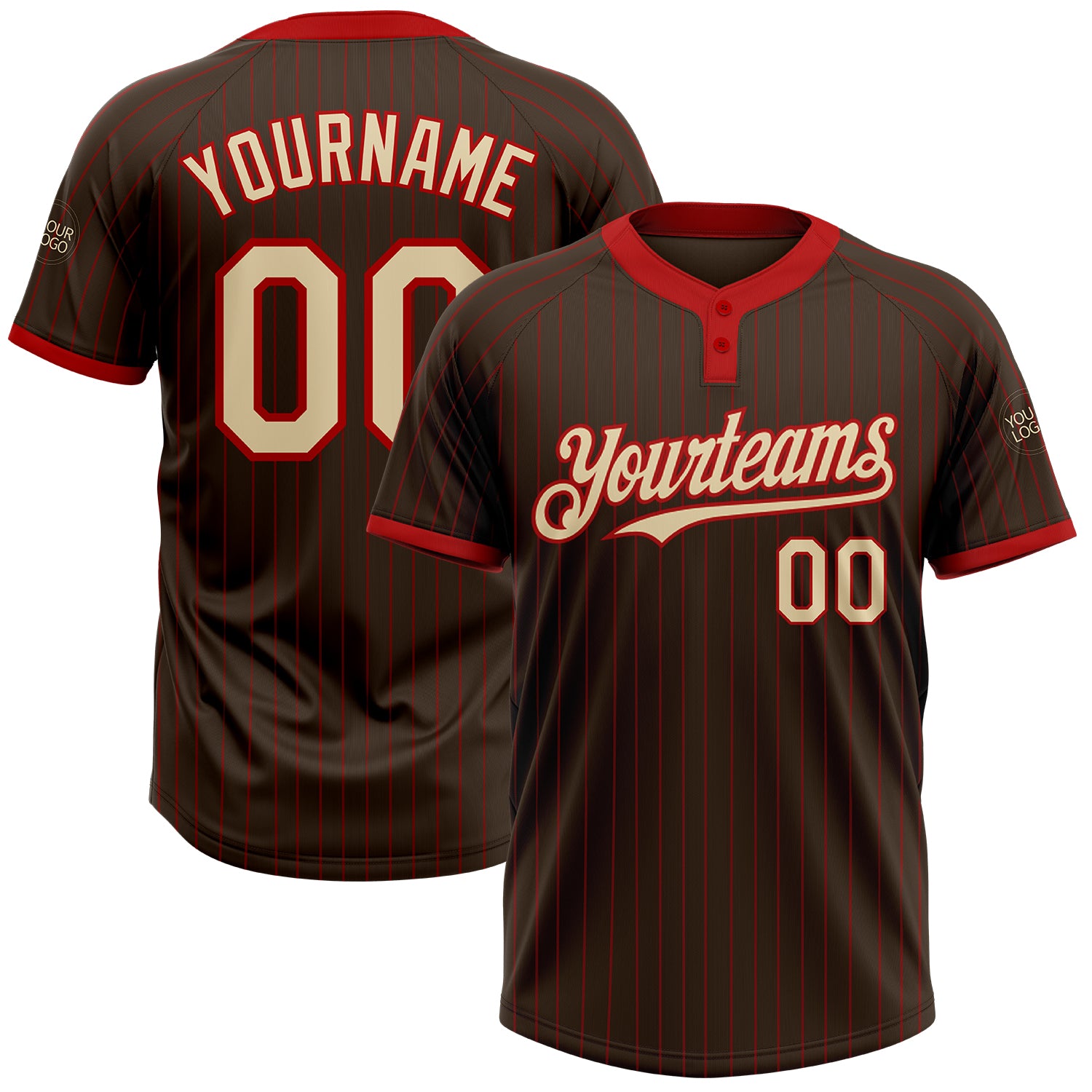 Custom Name and Number Unisex Softball Jersey - Personalized Brown Red Pinstripe Two-Button Personalized Brown Red Pinstripe