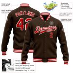 Personalized Varsity Letterman Jacket - Red-White Brown Full-Snap Bomber for Men Personalized Brown Red-White Bomber Full-Snap