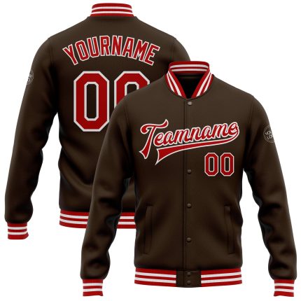 Personalized Varsity Letterman Jacket - Red-White Brown Full-Snap Bomber for Men Personalized Brown Red-White Bomber Full-Snap