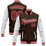 Custom Brown Red White Bomber Varsity Letterman Two Tone Jacket Full-Snap Personalized Brown Red-White Bomber Full-Snap Varsity