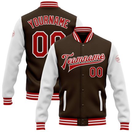 Custom Brown Red White Bomber Varsity Letterman Two Tone Jacket Full-Snap Personalized Brown Red-White Bomber Full-Snap Varsity