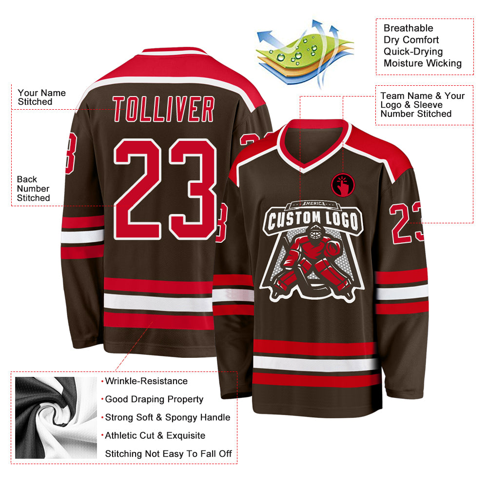 Customizable Red and White Hockey Jersey - Personalized Brown Design 2 Personalized Brown Red-White Hockey Jersey 2 - Image 3