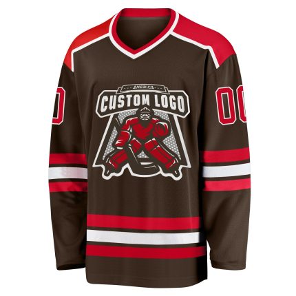 Customizable Red and White Hockey Jersey - Personalized Brown Design 2 Personalized Brown Red-White Hockey Jersey 2