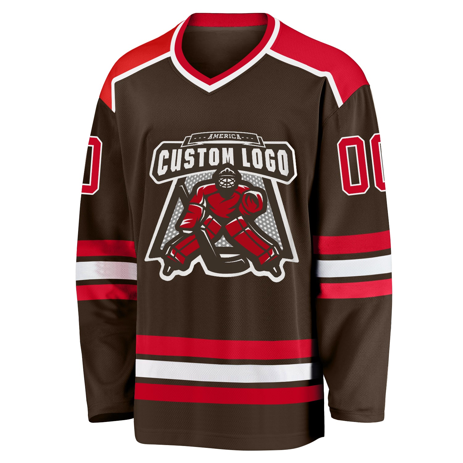 Customizable Red and White Hockey Jersey - Personalized Brown Design 2 Personalized Brown Red-White Hockey Jersey 2 - Image 2