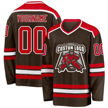 Customizable Red and White Hockey Jersey - Personalized Brown Design 2 Personalized Brown Red-White Hockey Jersey 2