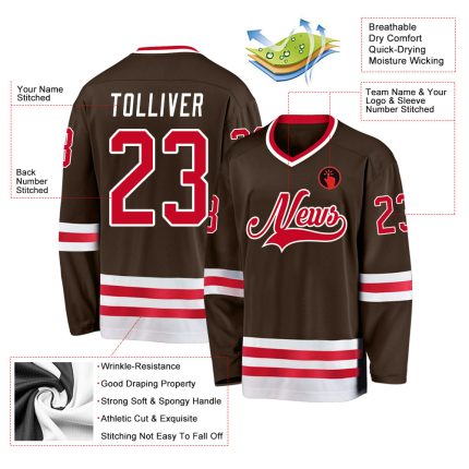 Personalized Brown Red White Hockey Jersey for Adults - Custom Team Apparel Personalized Brown Red-White Hockey Jersey