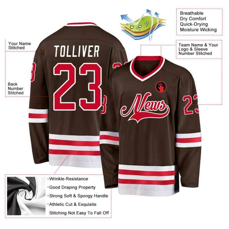Custom Name and Number Personalized Hockey Jersey - Brown Red White Team Jersey Personalized Brown Red-White Hockey Jersey