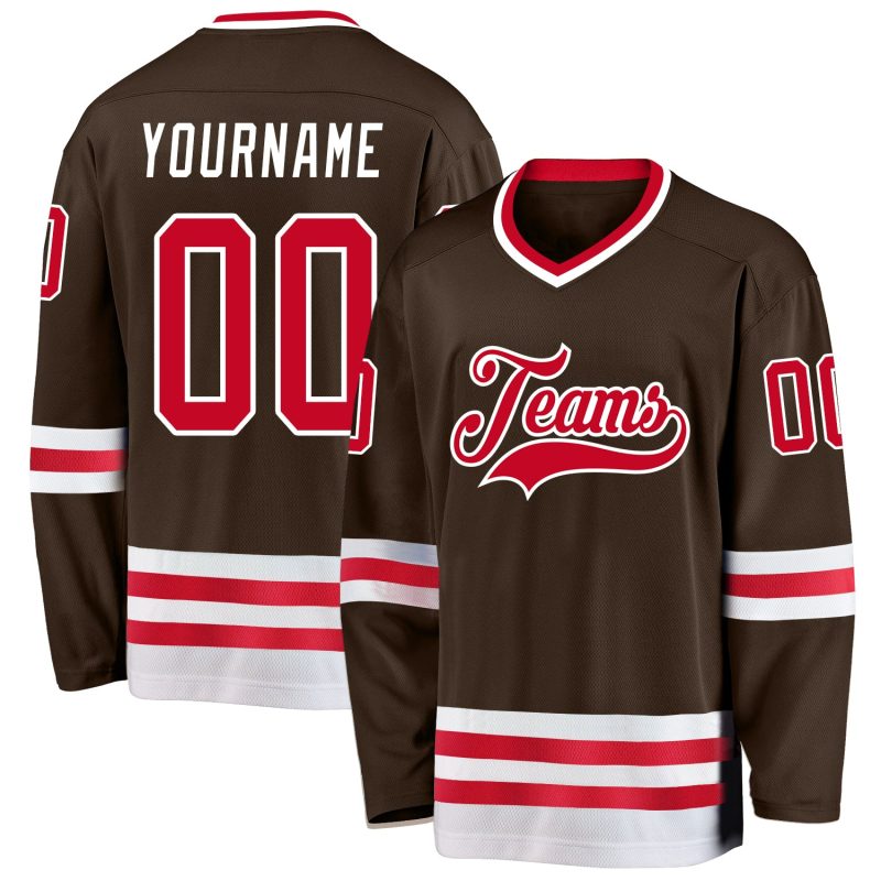 Custom Name and Number Personalized Hockey Jersey - Brown Red White Team Jersey Personalized Brown Red-White Hockey Jersey